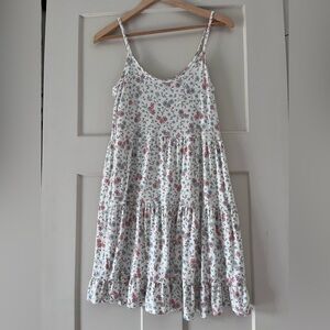 White Floral Spaghetti Strap Tiered Sundress with Pink and Blue Flowers